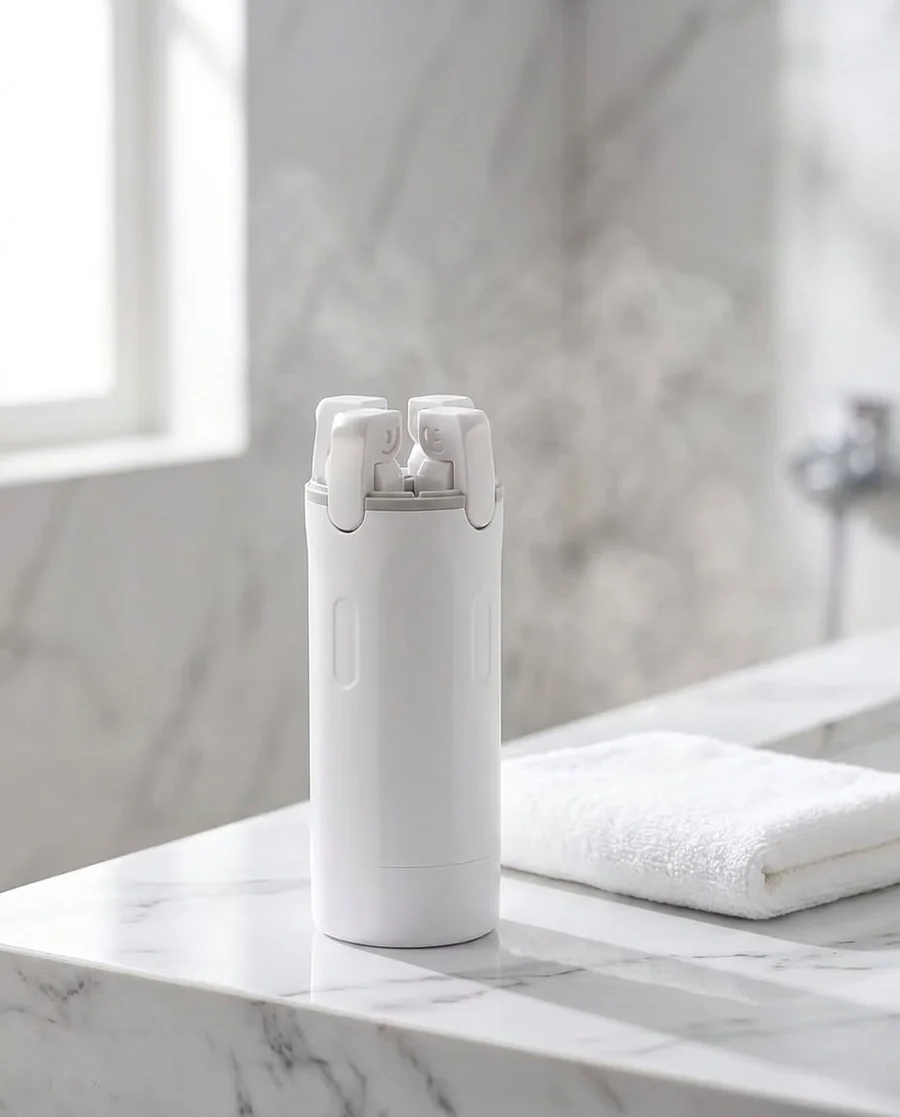 Hand holding pocket-sized Tripstash 4-in-1 travel bottle showing TSA-friendly size
