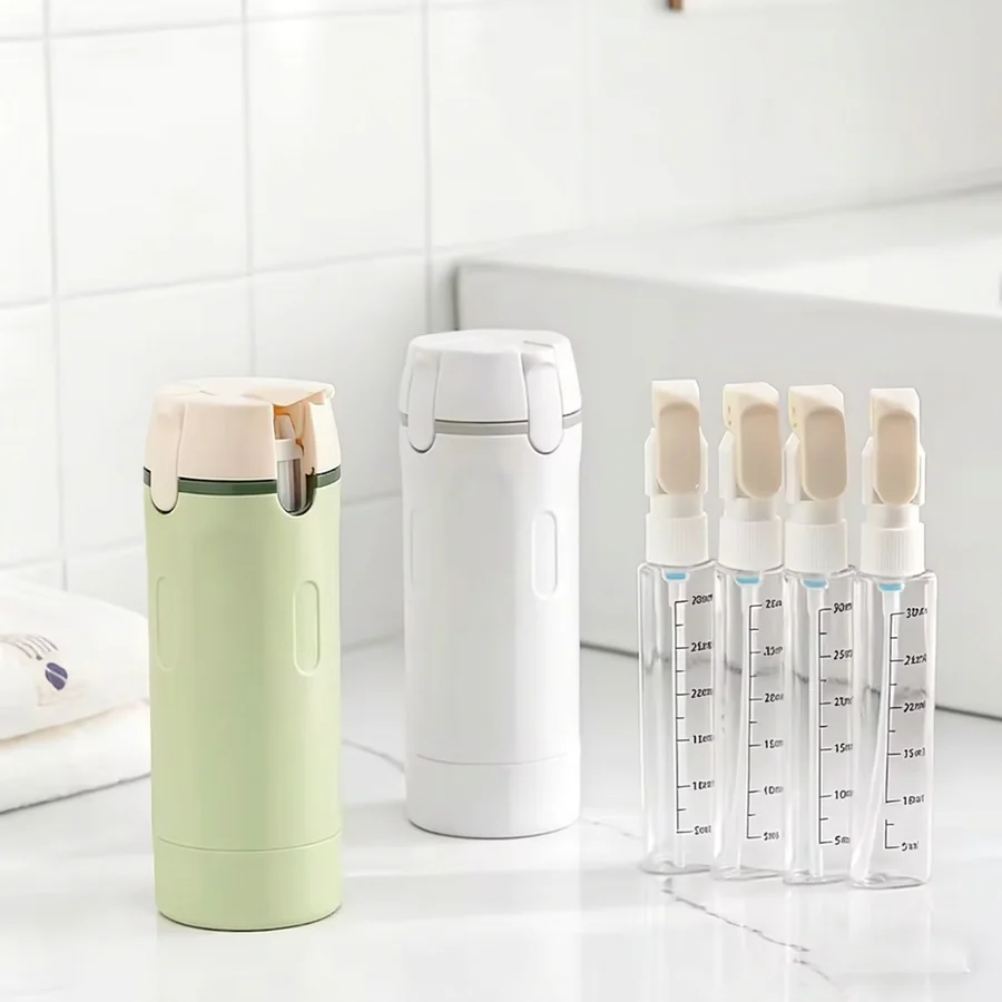Tripstash 4-in-1 travel bottle disassembled showing four detachable inner bottles with pump heads
