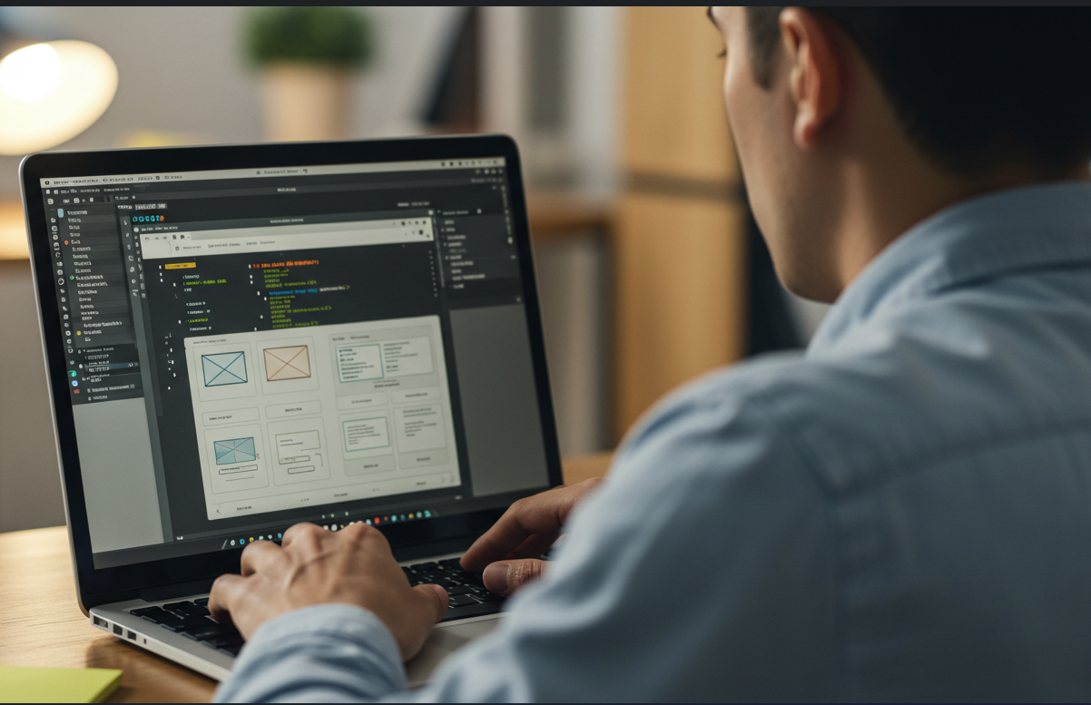 Expert Website Design in action: A web developer coding and designing a custom website on a laptop using modern development tools.