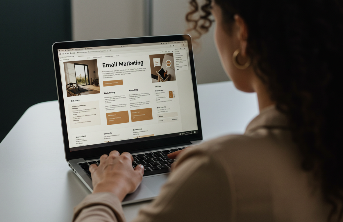 A person viewing an Email Marketing strategy page on a laptop, symbolizing focused efforts in customer engagement and digital communication.