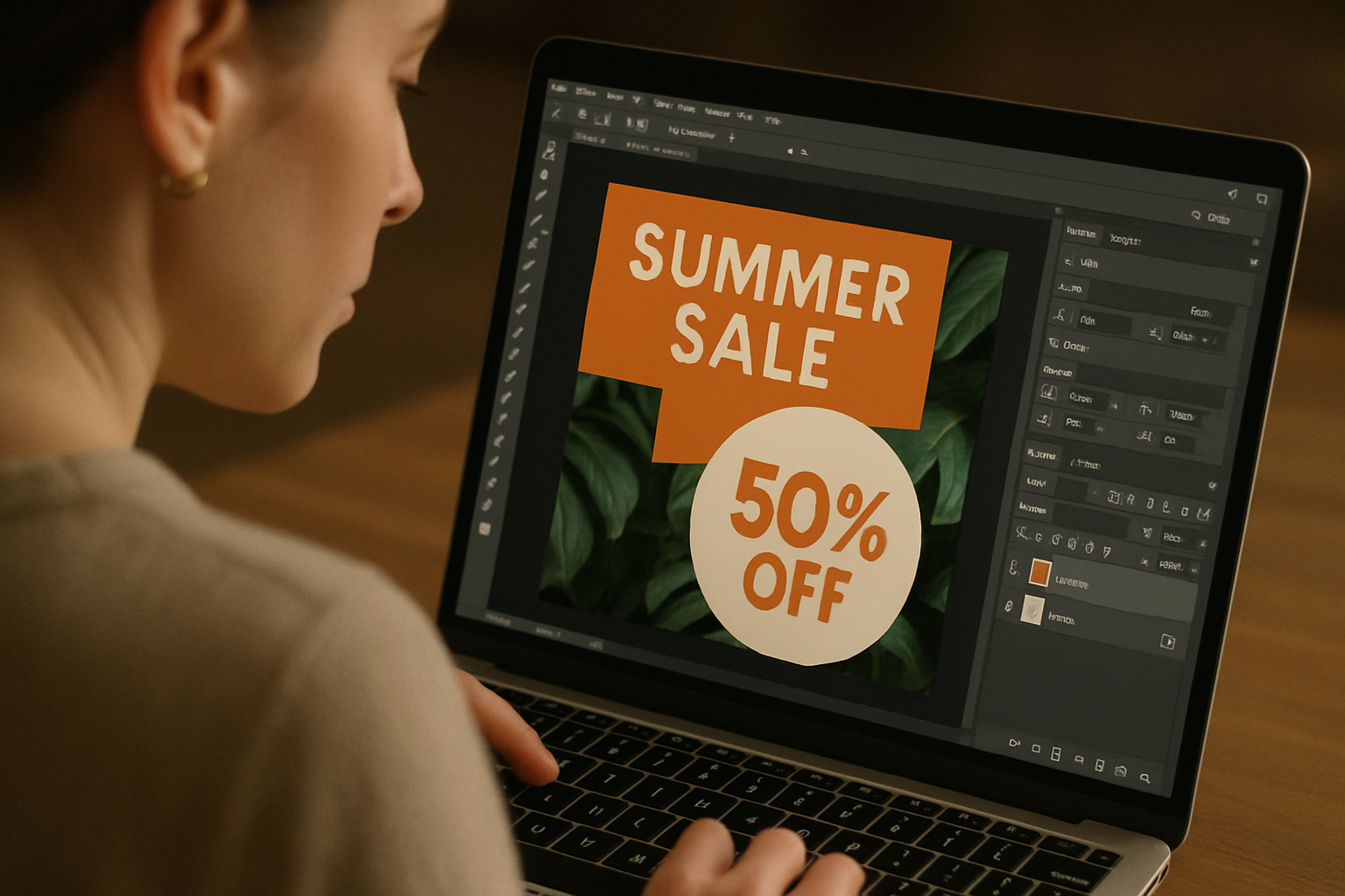 A professional in Wolverhampton designing a "SUMMER SALE 50% OFF" graphic on a laptop, symbolizing expert social media management and content creation for effective digital promotions and engaging marketing campaigns.