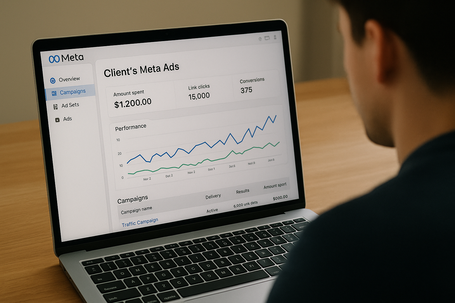 A professional analyzing a Meta Ads dashboard on a laptop, displaying key performance metrics like conversions and clicks for a Paid Advertising campaign.